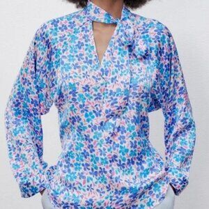 Zara Painted Floral Blue Neck  Bow Neckline Long Sleeve Blouse XS